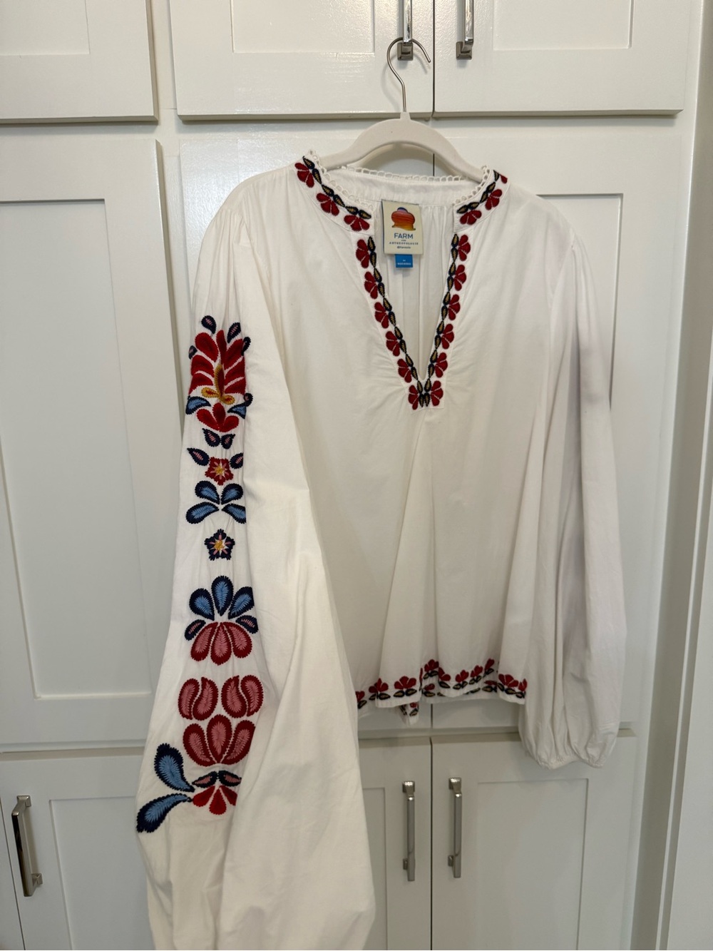 FARM Rio White Peasant Tunic with Red & Blue Floral Embroidery